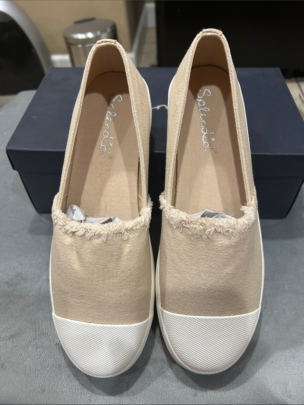 Splendid Beige Canvas Fringe-Trim Slip-On Flats with White Toe Cap